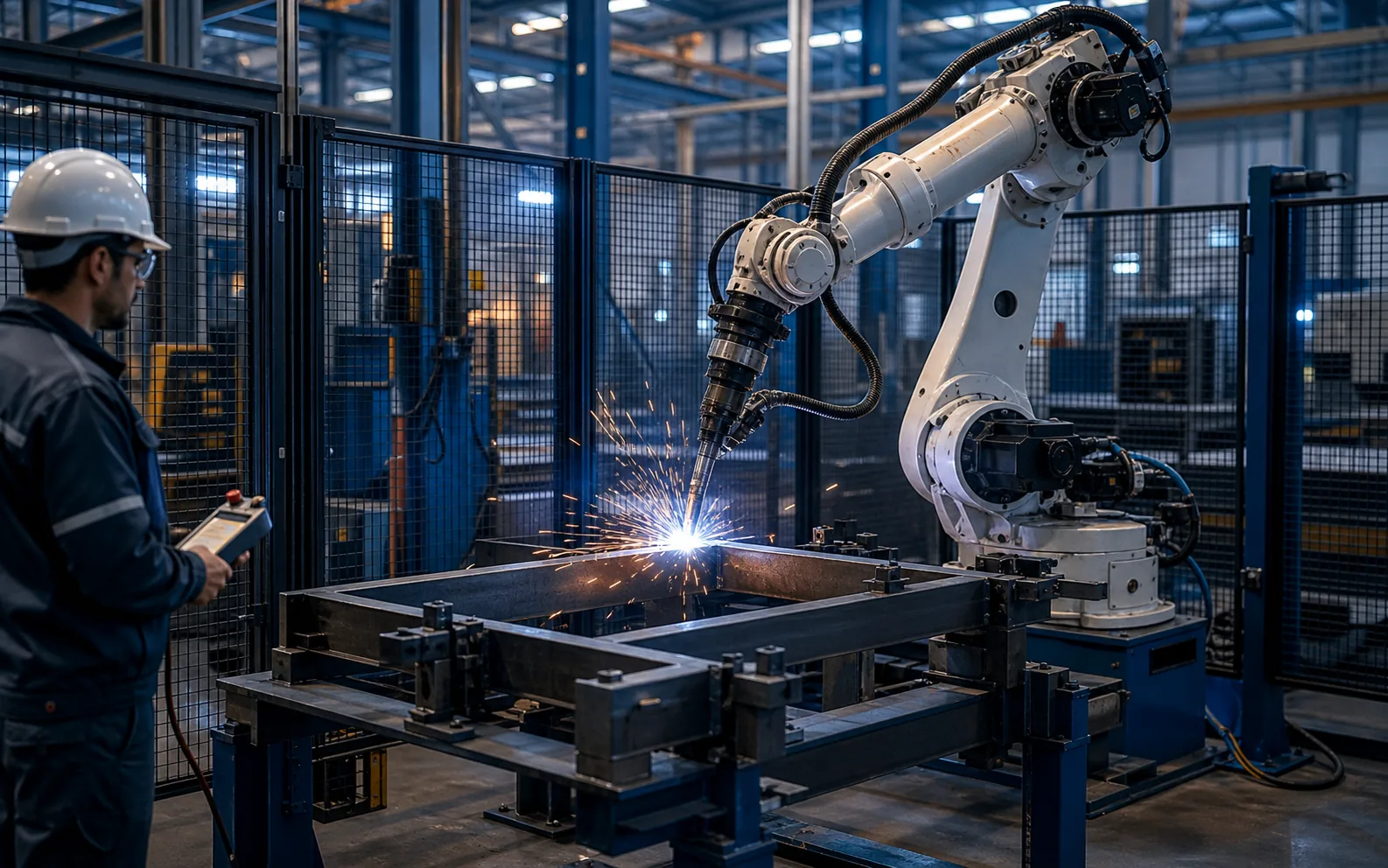 Robot industrial soldando una estructura metálica en una celda automatizada