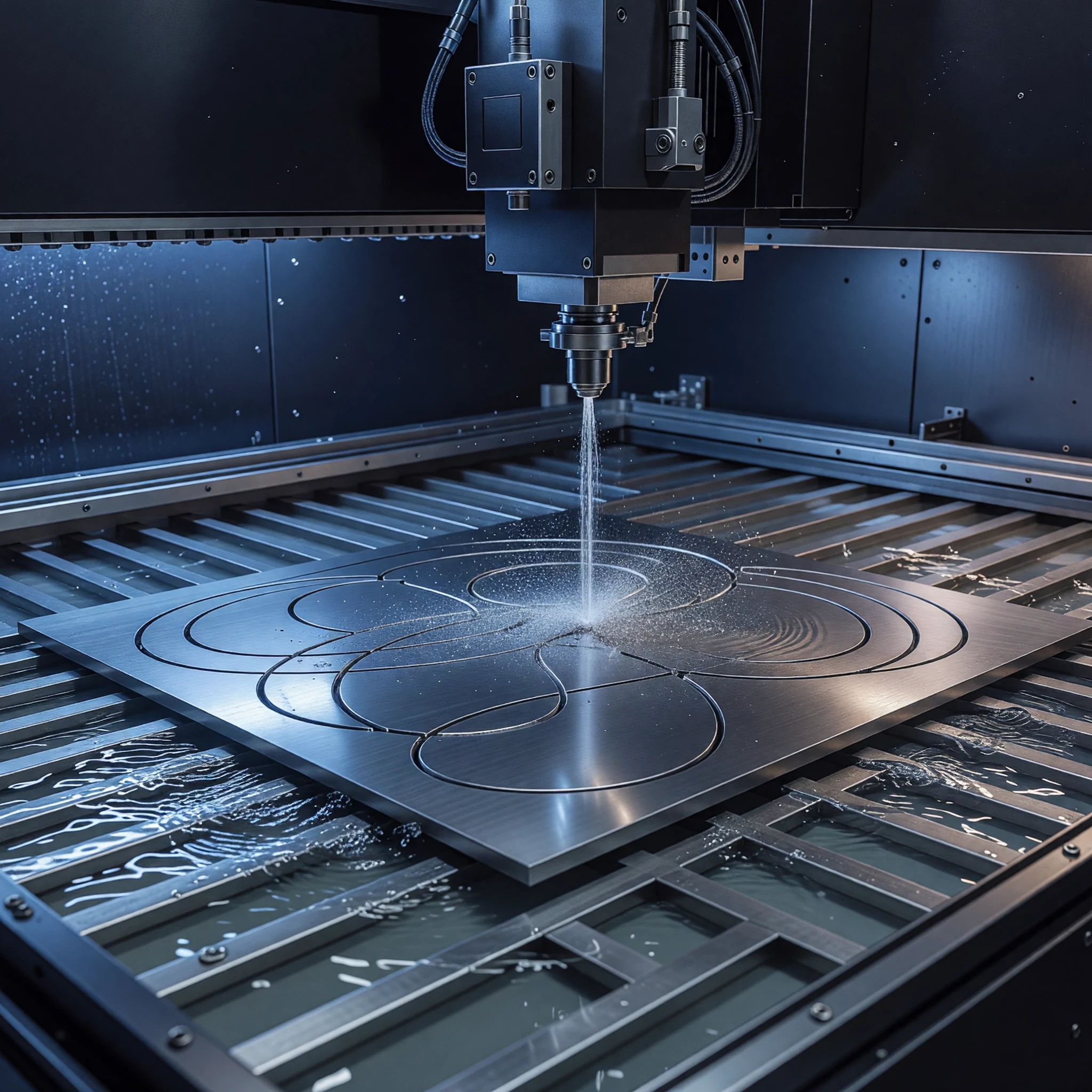 Cabezal Waterjet cortando una plancha metálica sobre una mesa de agua