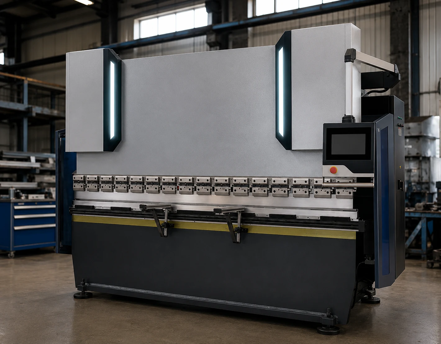 Plegadora hidráulica CNC industrial en un taller metalmecánico